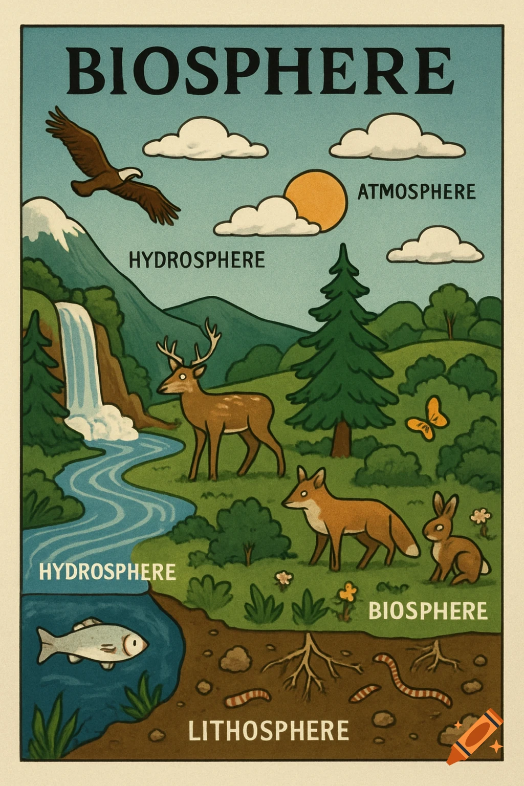 Illustration poster showing the biosphere, hydrosphere, atmosphere, and lithosphere with animals, plants, and natural features.