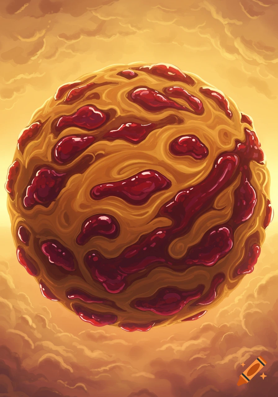 A planet made of swirls of peanut butter and jelly in an orange cloudy sky.