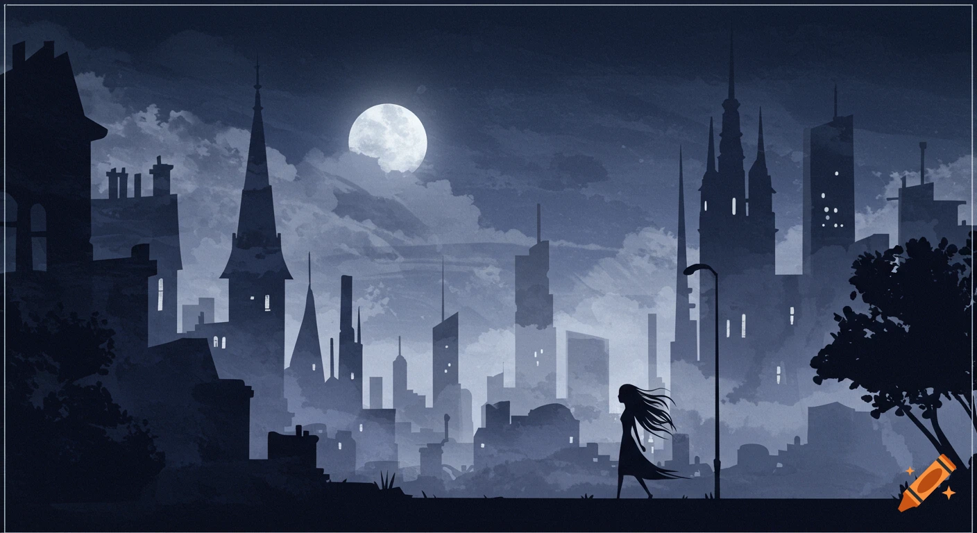 A person walks as a silhouette in front of a dark city skyline under a full moon.