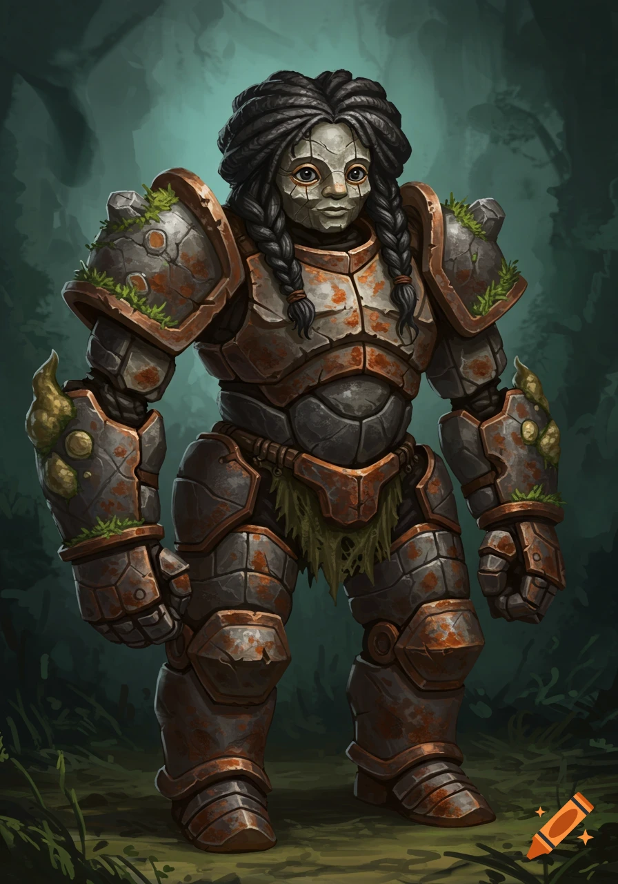 Painting of a War Golem resembling a female gnome in rusty armor with moss in a forest.