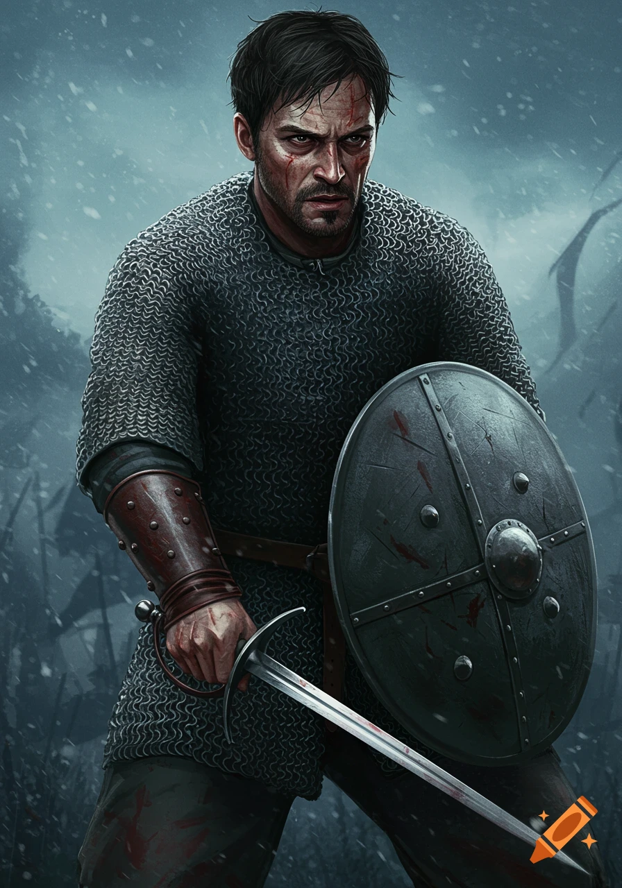 A determined warrior in chainmail with a bloody face, holding a sword and shield in a snowy battlefield.