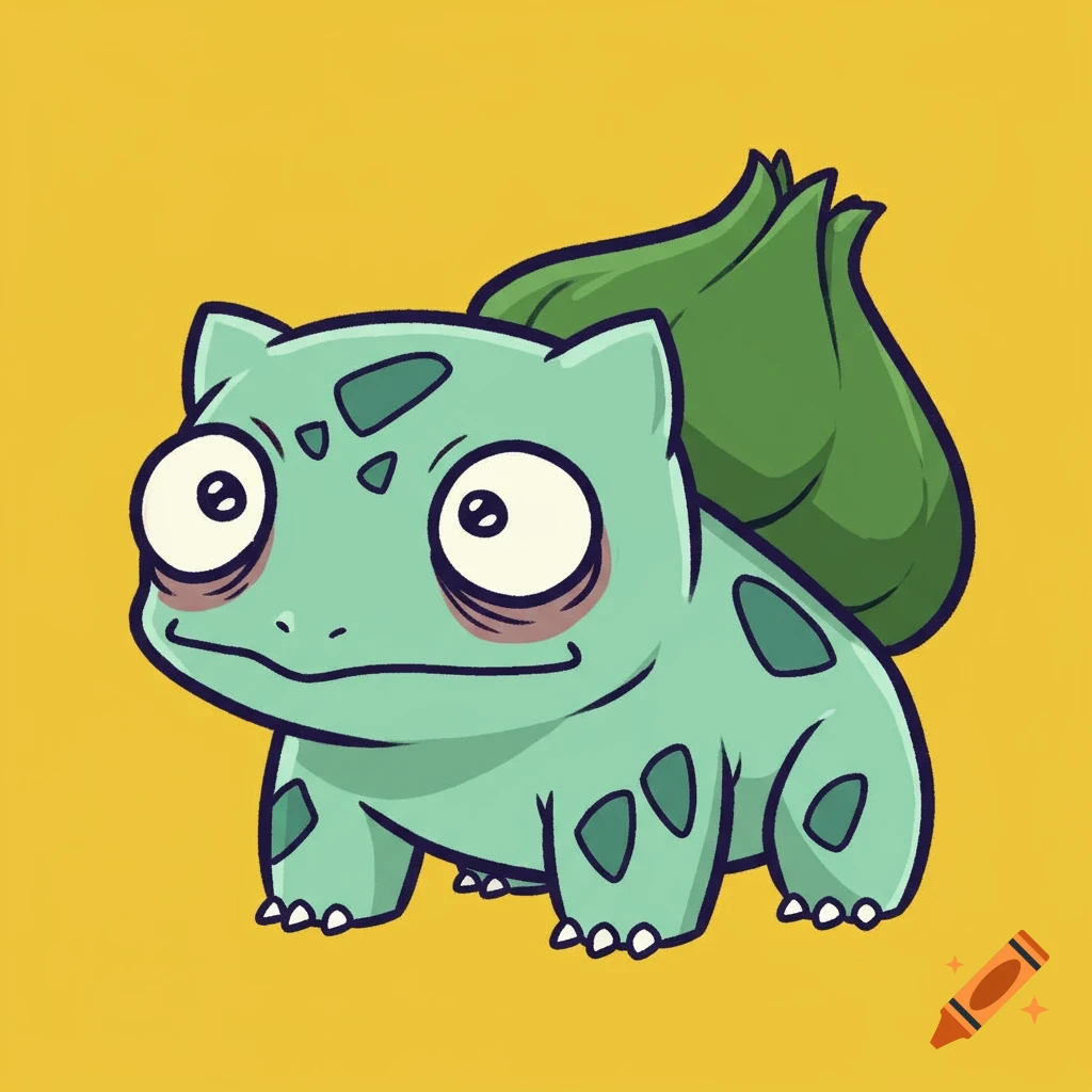 Cartoon illustration of a derpy Bulbasaur-like creature on a yellow background