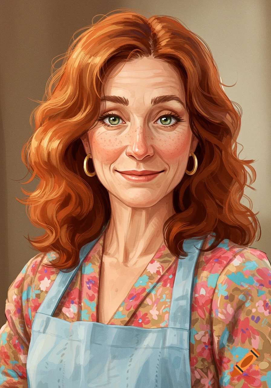 Portrait of a smiling woman with red wavy hair, green eyes, freckles, wearing a floral dress and apron.