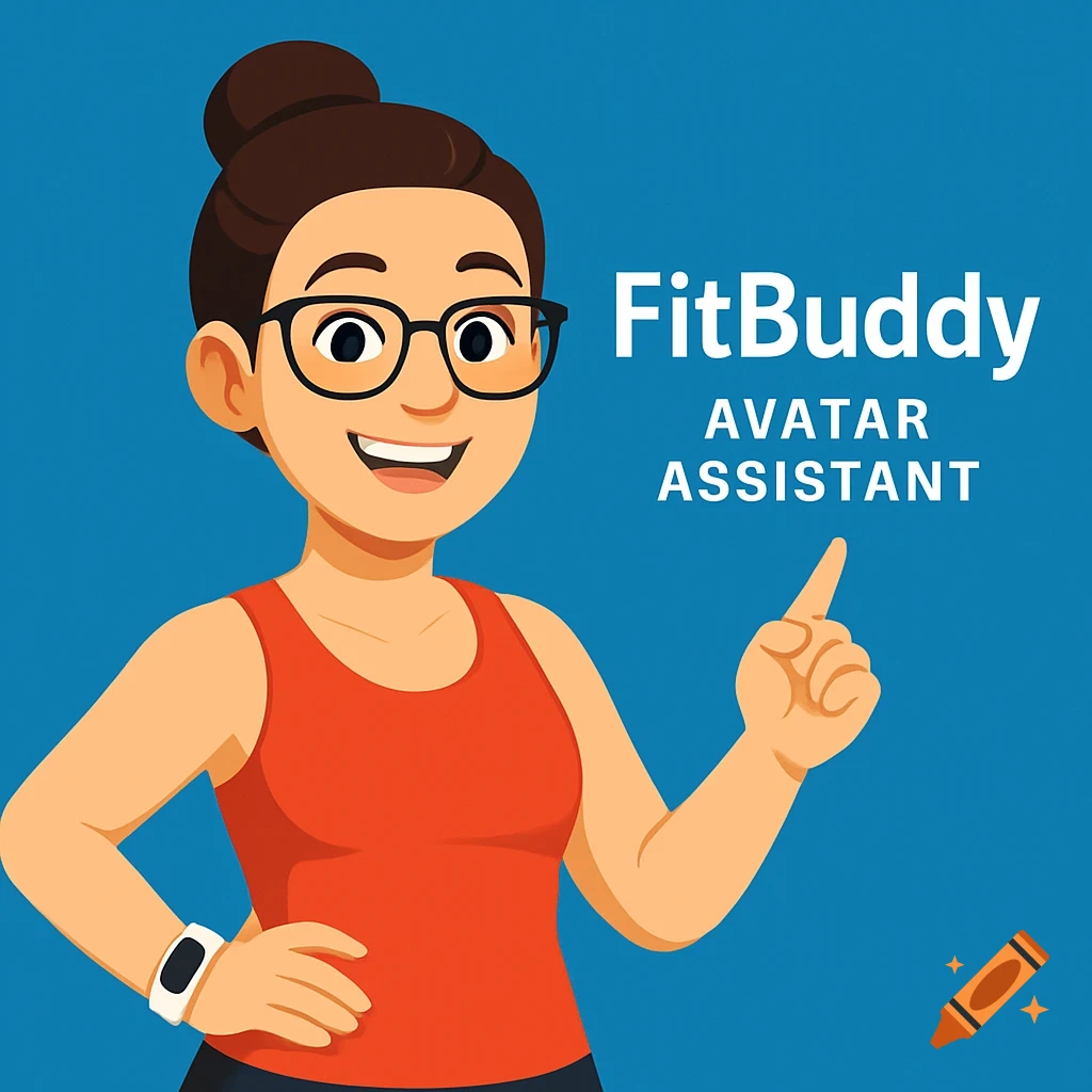 Cartoon illustration of a smiling woman avatar with glasses wearing a red tank top and smartwatch, pointing. Text says 'FitBuddy AVATAR ASSISTANT'.