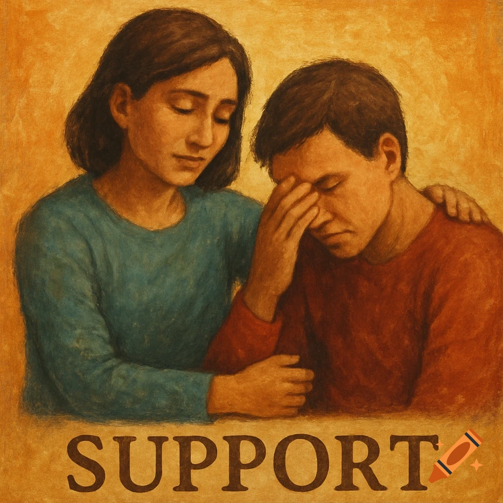 A woman comforting a man with the word SUPPORT below.