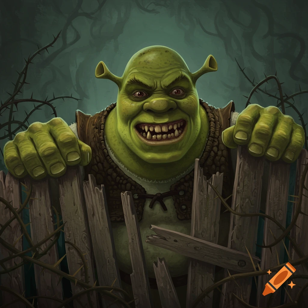 A scary Shrek looking over a wooden fence.