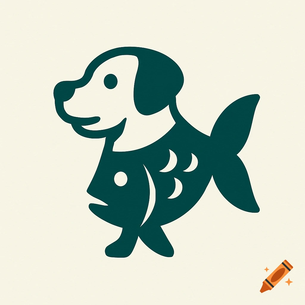 Stylized logo of a creature that is half dog and half fish.
