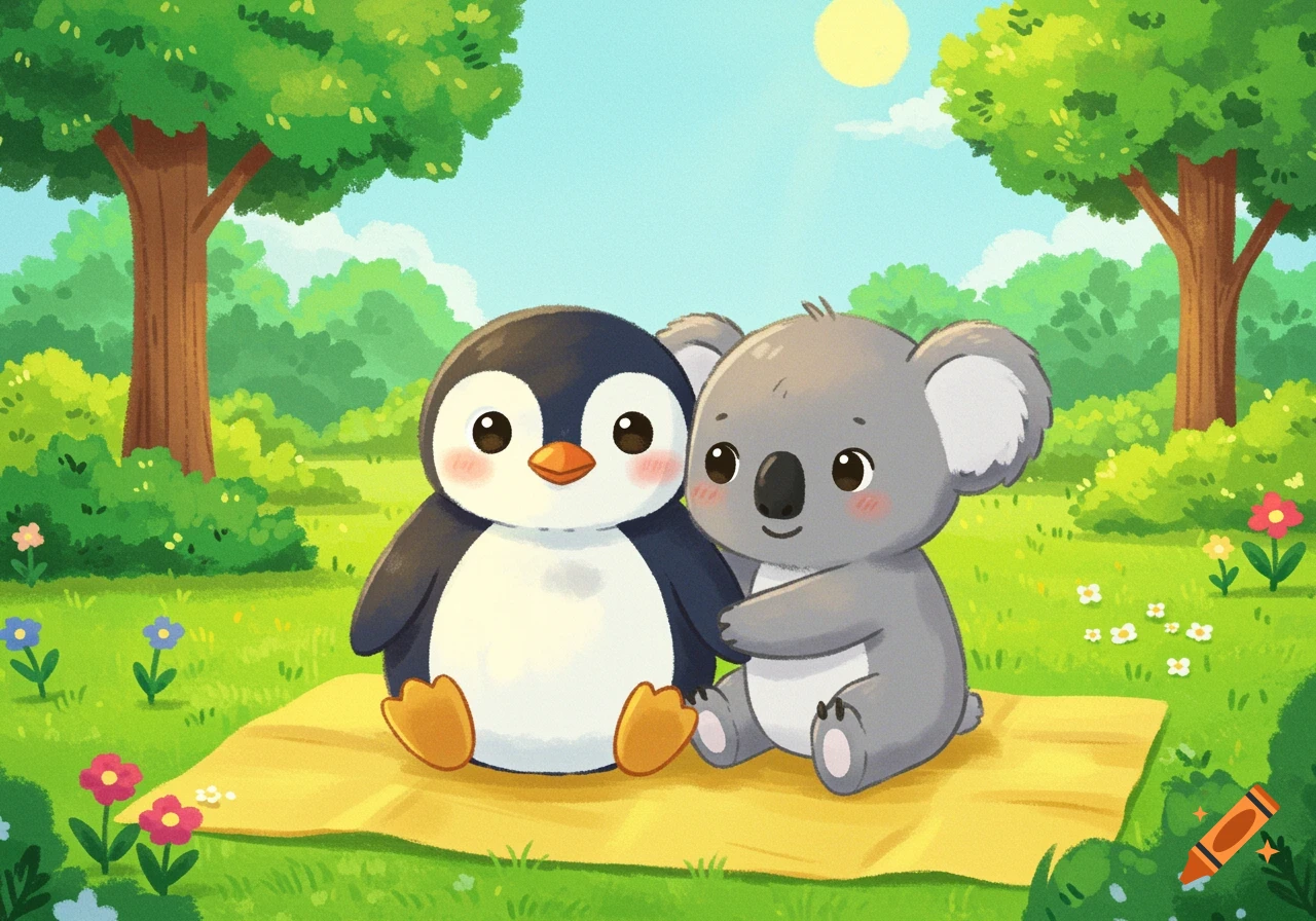 Cartoon penguin and koala sitting together on a yellow blanket in a park.