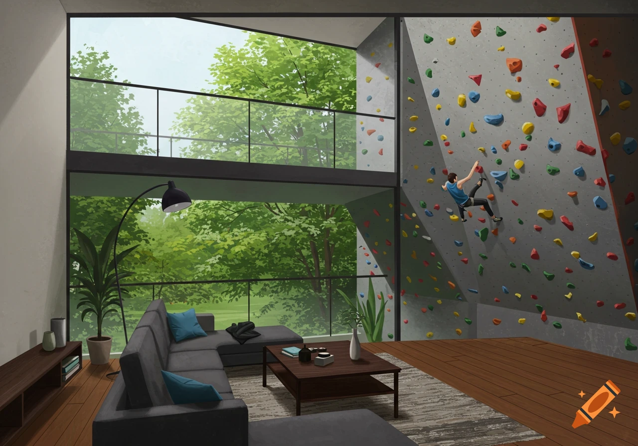 A modern living room with a climbing wall and a person climbing it, looking out onto trees.