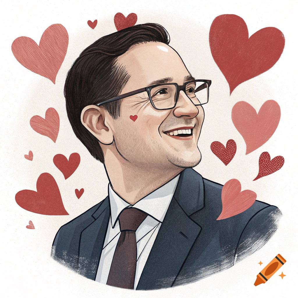 Illustration of a man in a suit and glasses smiling, surrounded by red hearts.