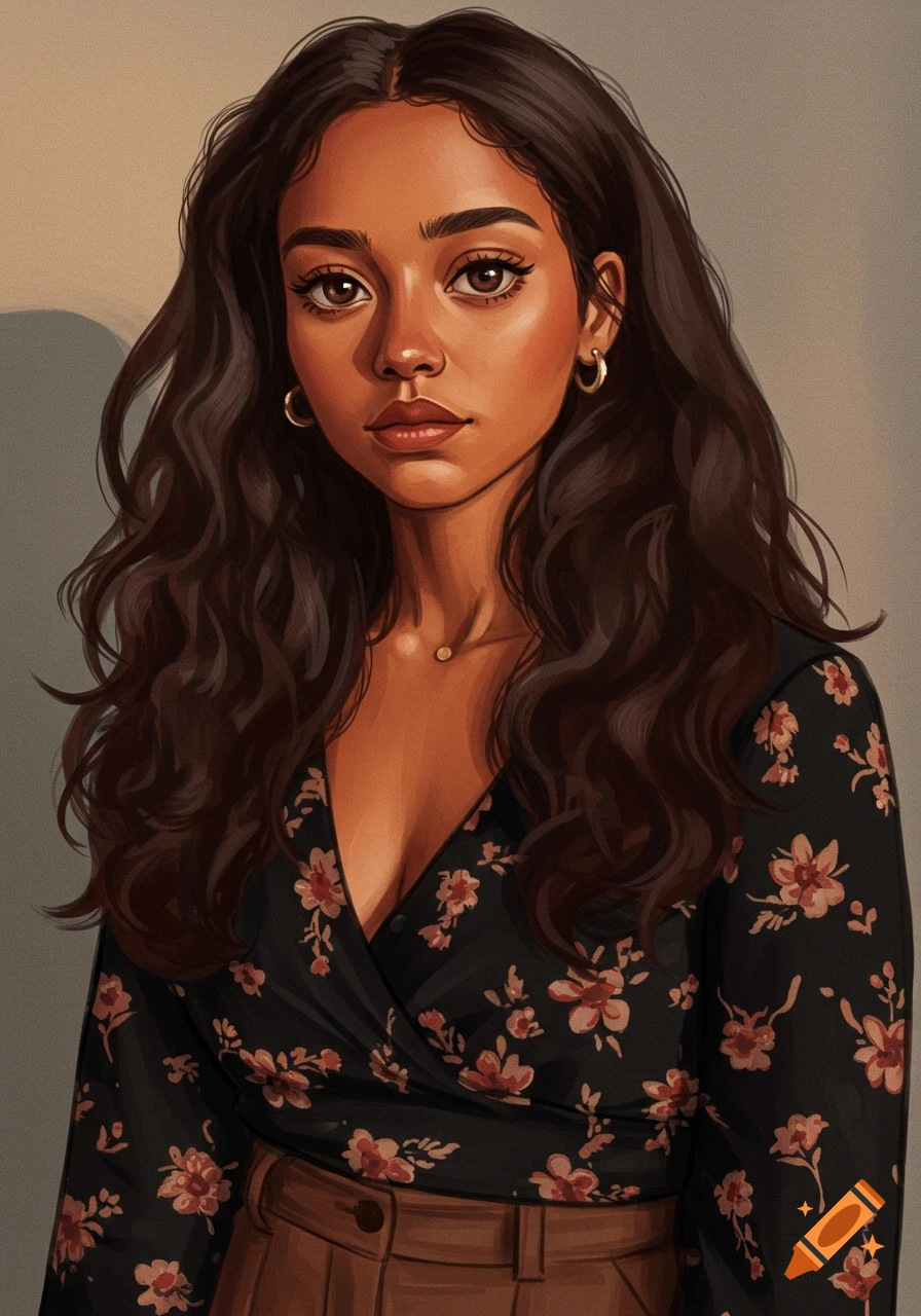A portrait of a young woman with long brown hair, wearing a floral top.