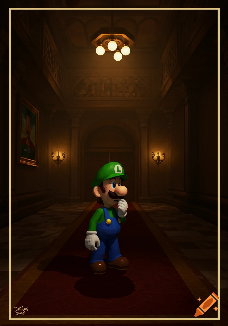 Luigi stands in a dimly lit mansion hallway.