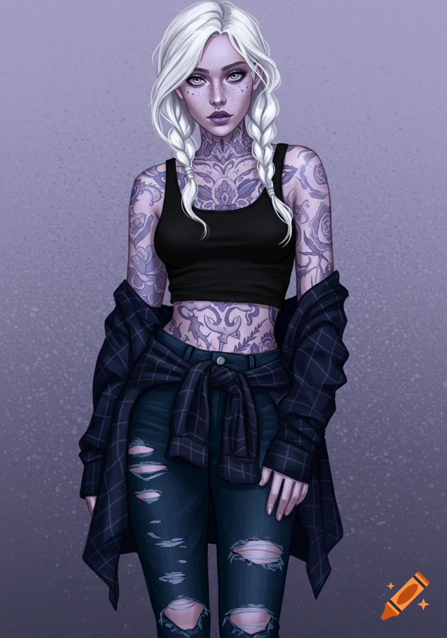 A woman with white braided hair and tattoos, wearing a black tank top and ripped jeans with a plaid jacket.