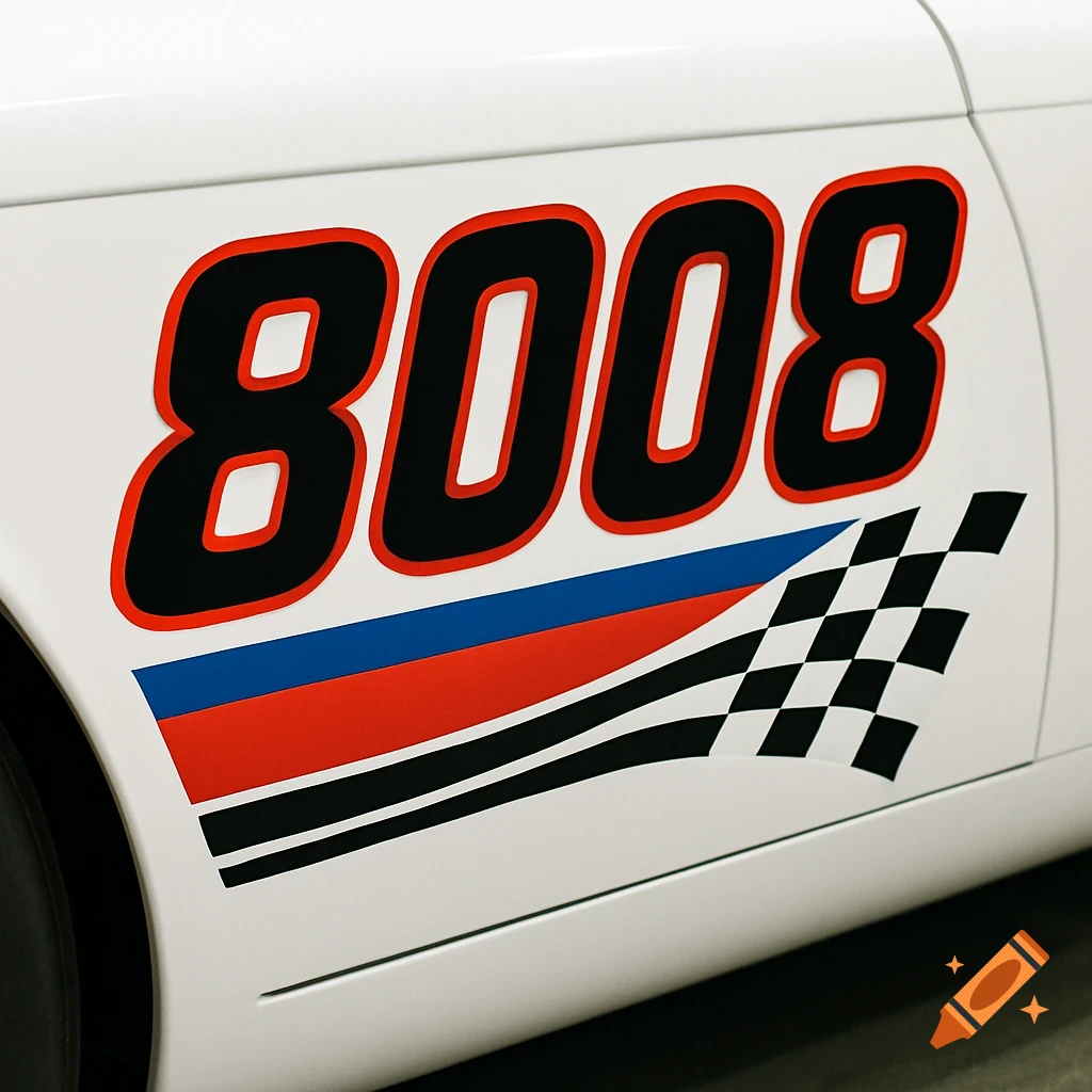 Close-up of a white car with a race decal featuring the number 8008, red, blue, and black stripes, and a checkered flag.