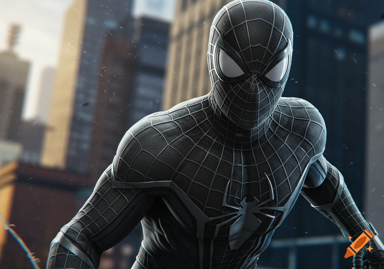 Close-up of Spider-Man in a black and grey suit against a blurred city background.