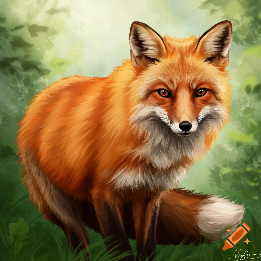 A red fox standing in a forest.