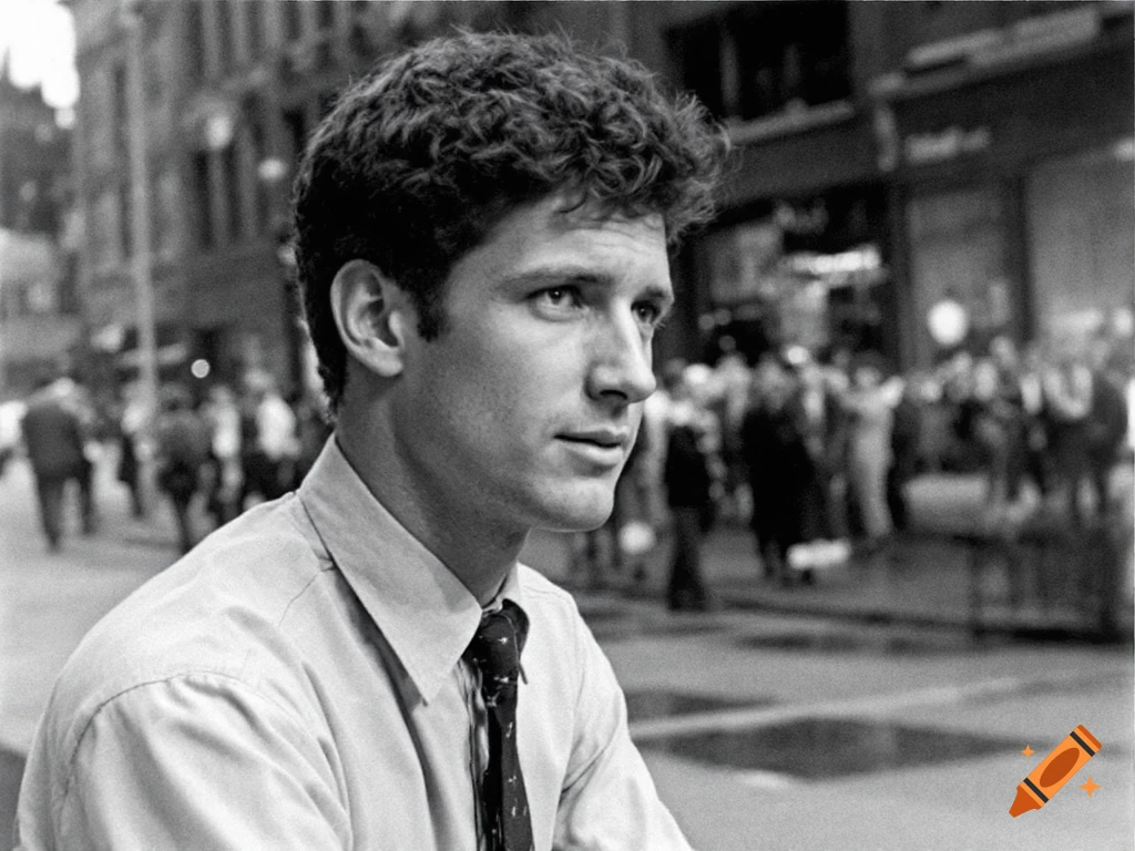 Black and white portrait of a young man in a shirt and tie on a city street.