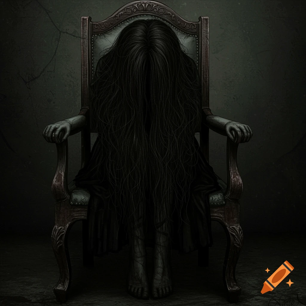 A creepy figure with long black hair covering the face sits in an antique chair in a dark, gothic scene.