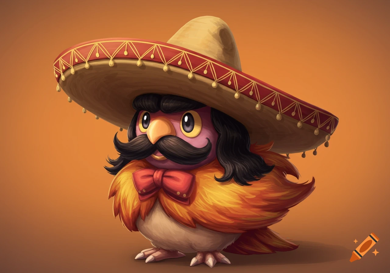 A cartoon bird character resembling Pokemon Flamigo, wearing a sombrero, mustache, and mullet.
