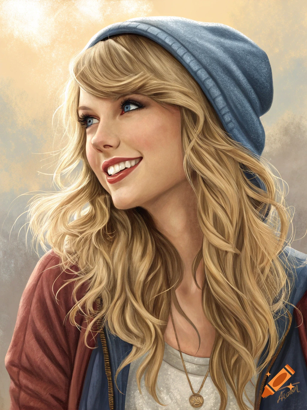 Portrait of a woman resembling Taylor Swift wearing a beanie and jacket, smiling