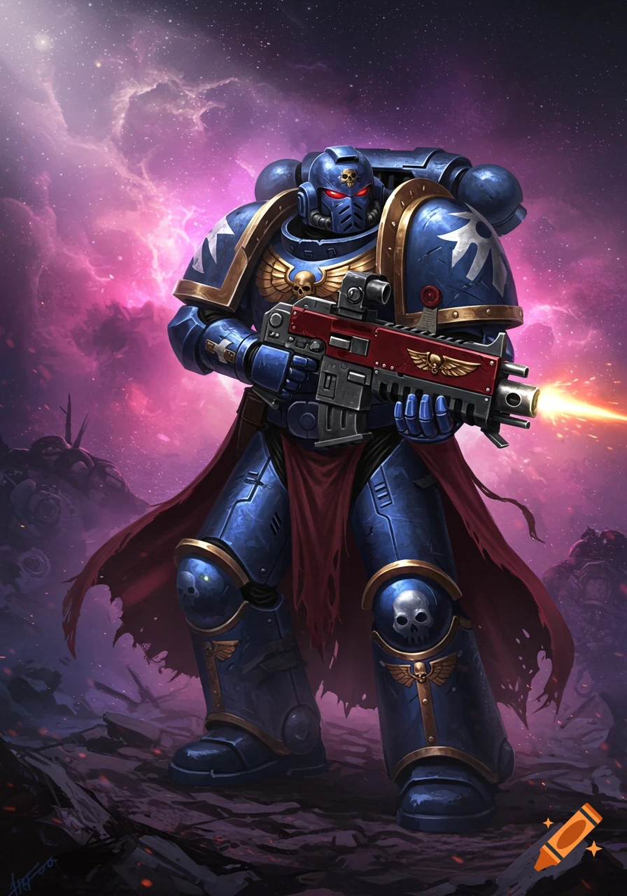A space marine in blue power armor with a red cape, holding a rifle in a ruined landscape under a purple sky.
