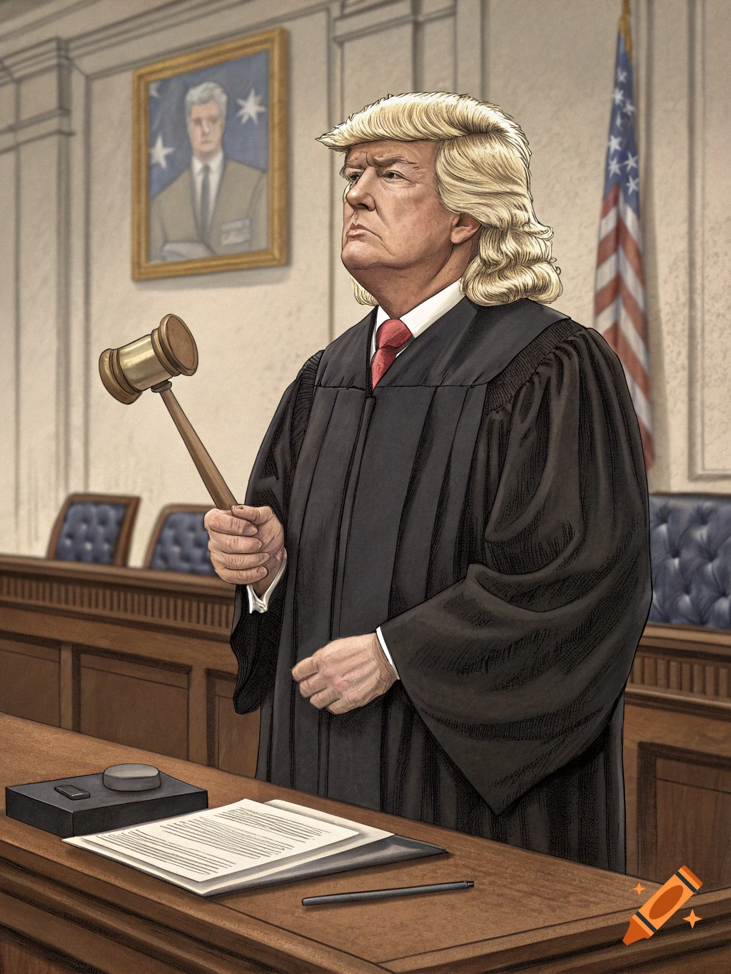 Illustration of Donald Trump dressed as a judge in a courtroom holding a gavel.