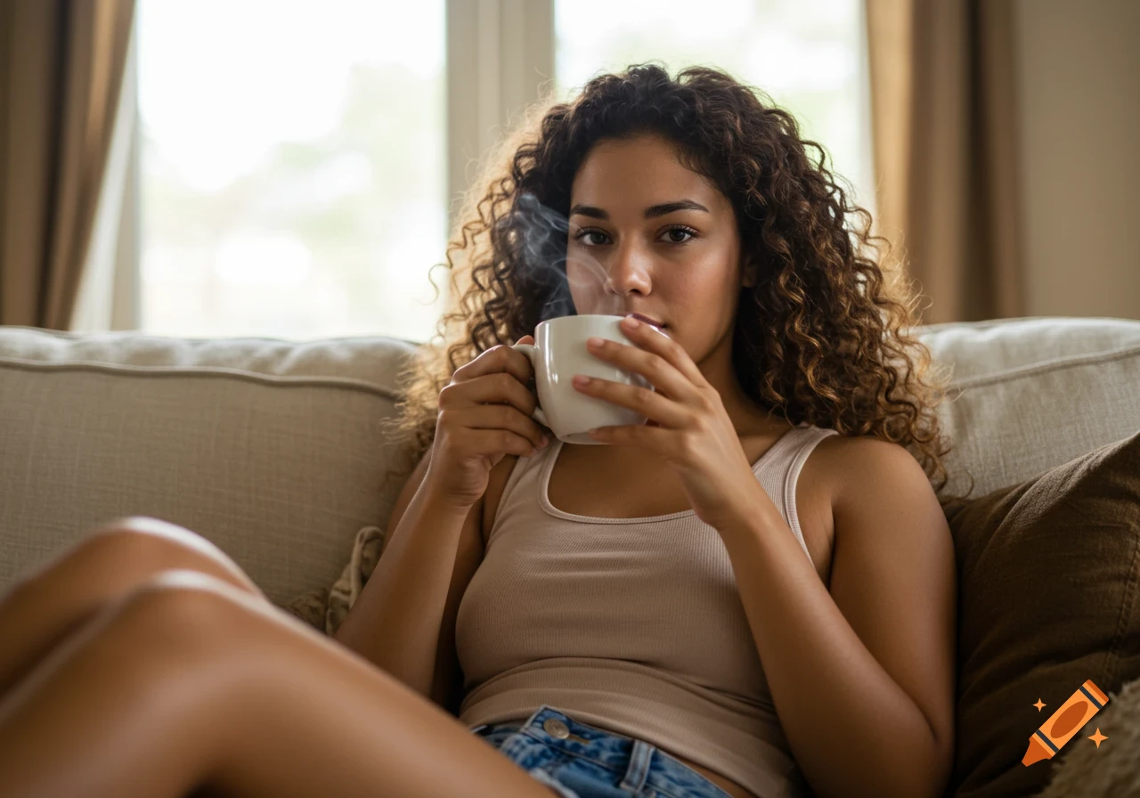 A woman with curly hair relaxing on a couch and drinking coffee
