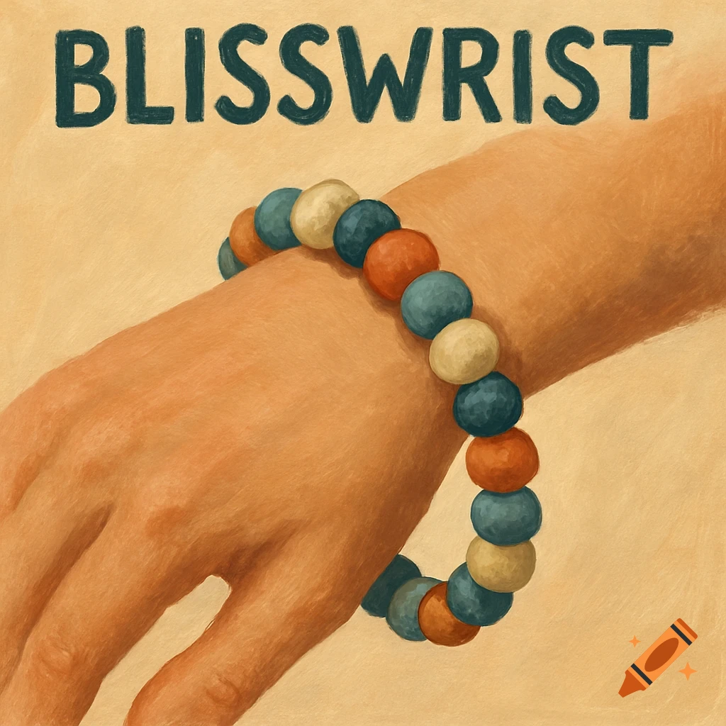 A hand wearing a colorful clay bead bracelet with the text BLISSWRIST above.