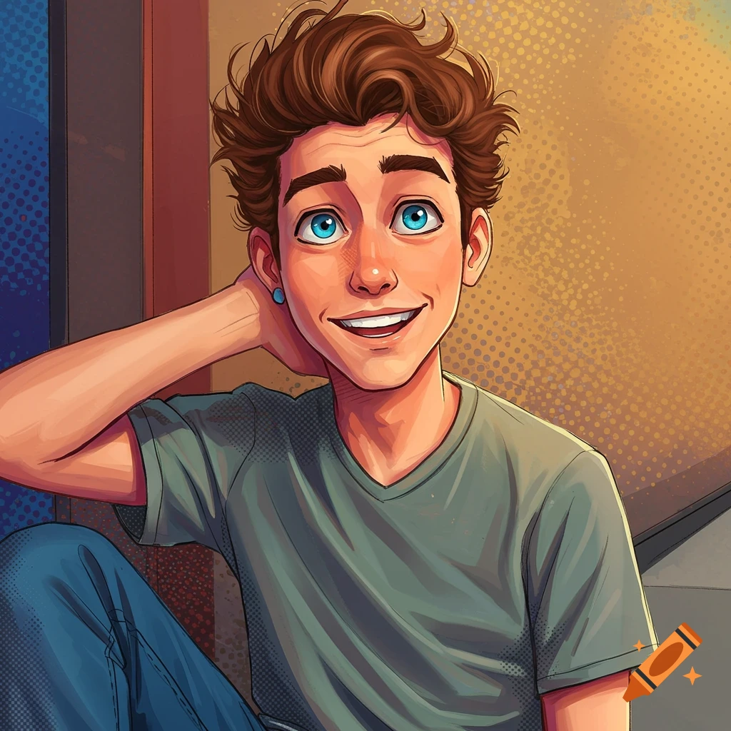 A young man with messy brown hair and blue eyes, smiling