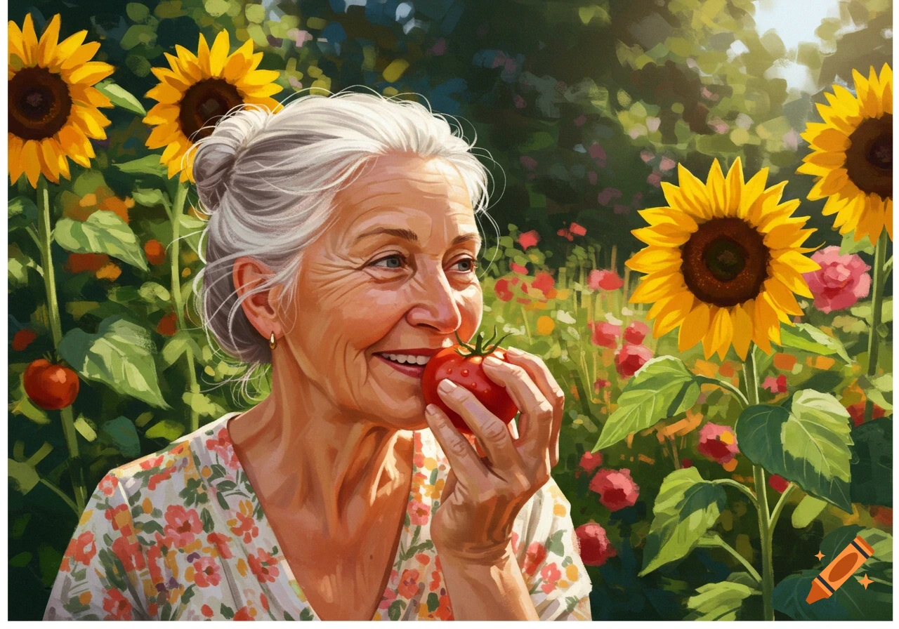 An older woman holds a tomato in a garden with sunflowers.