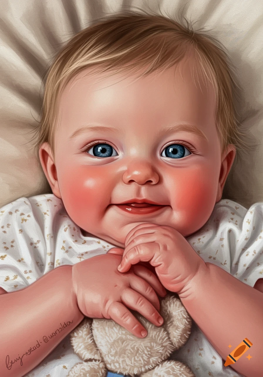 A smiling baby holding a teddy bear.