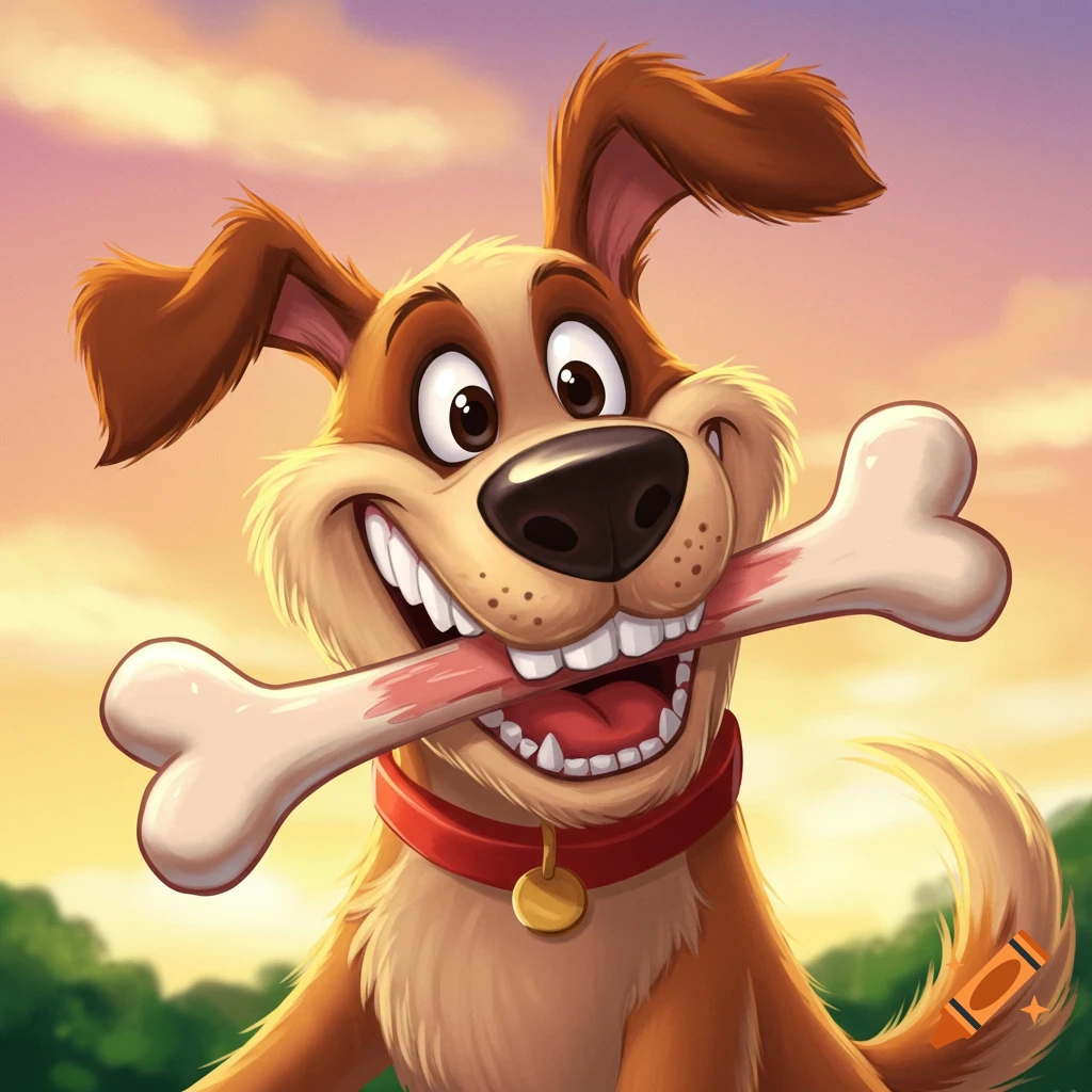 Happy cartoon dog holding a large bone