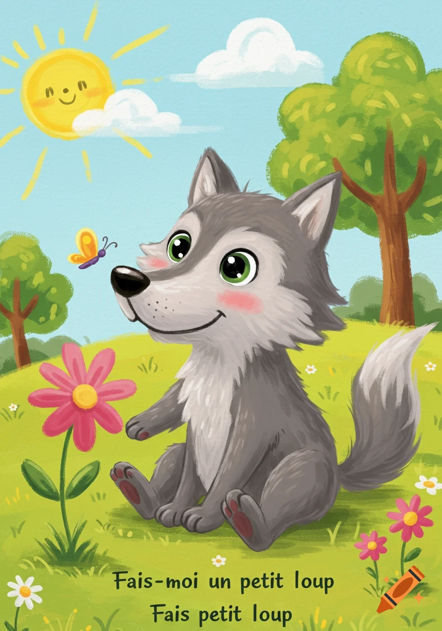 Cartoon illustration of a wolf cub sitting in a sunny field with flowers, a butterfly, and text.