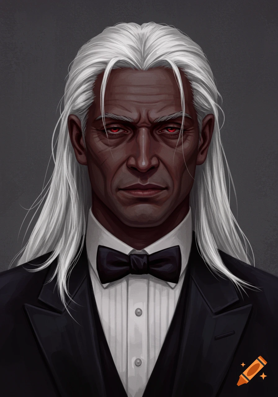 A dark-skinned man with long white hair and red eyes wearing a black tuxedo.