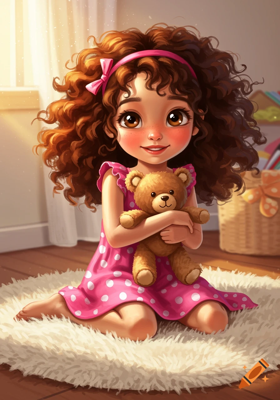 A young girl with curly hair sits on a rug holding a teddy bear.