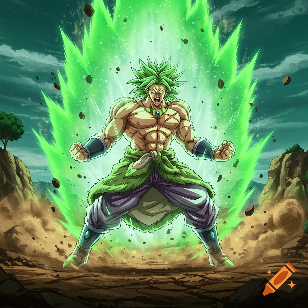 Broly from Dragon Ball Z powering up with green energy