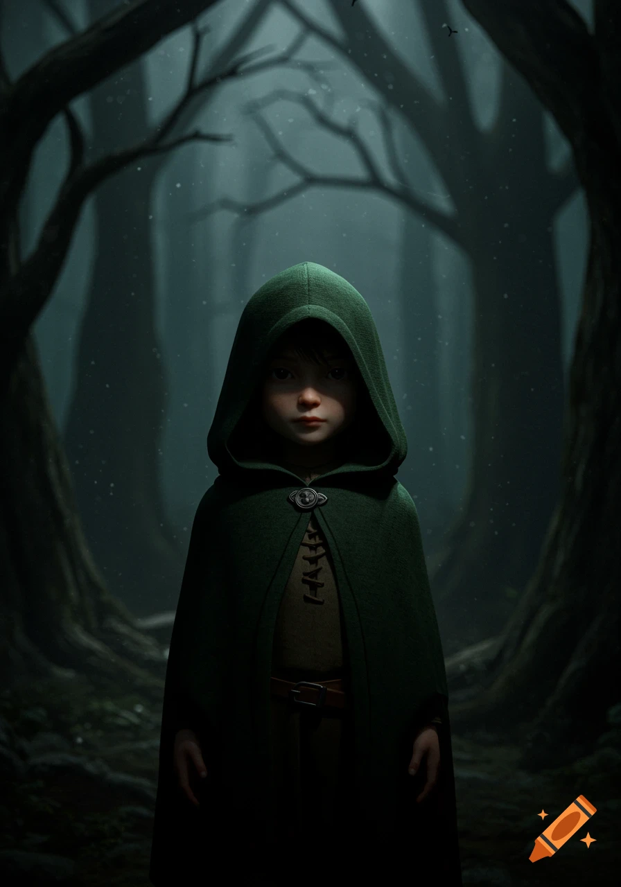 Child in a green hooded cloak stands in a dimly lit forest, 3D concept art.