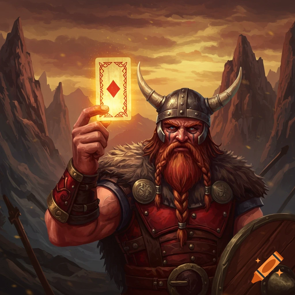A Viking holds up a glowing Ace of Diamonds playing card against a sunset mountain backdrop.