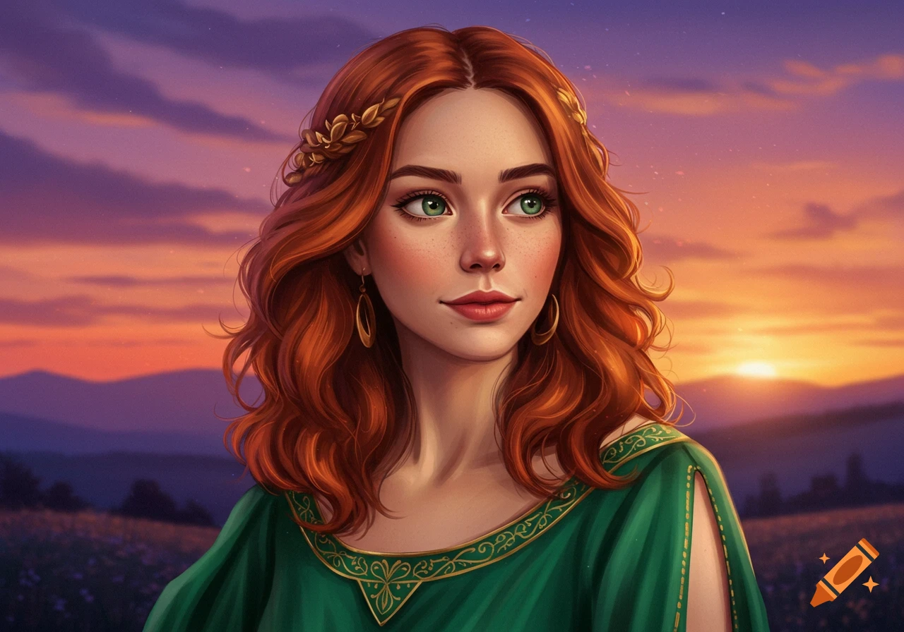 A portrait of a woman with red hair and green eyes, wearing a green dress and gold headpiece, looking away from the camera with a sunset landscape behind her.