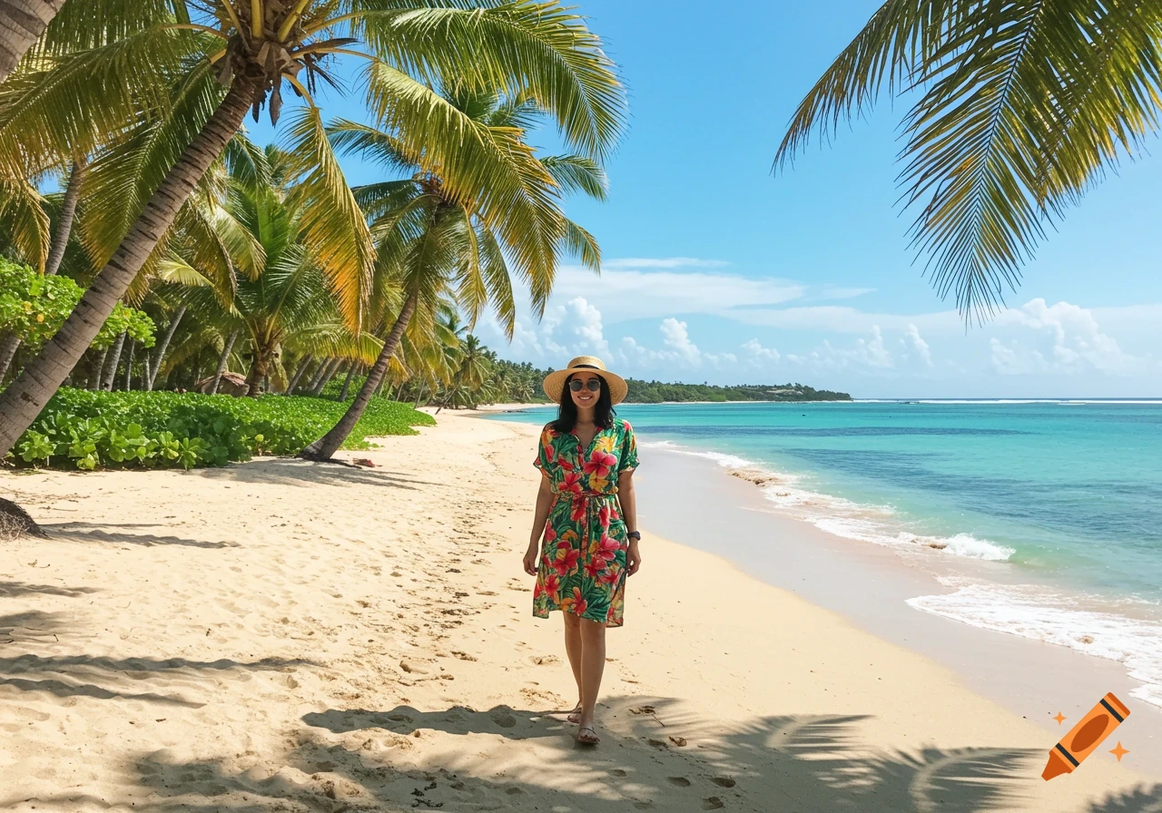 A woman in a colorful dress walks on a sandy beach with palm trees and turquoise water under a blue sky.