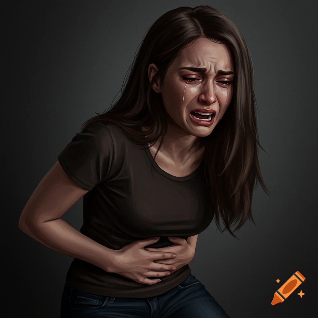 A woman crying and holding her stomach in pain.