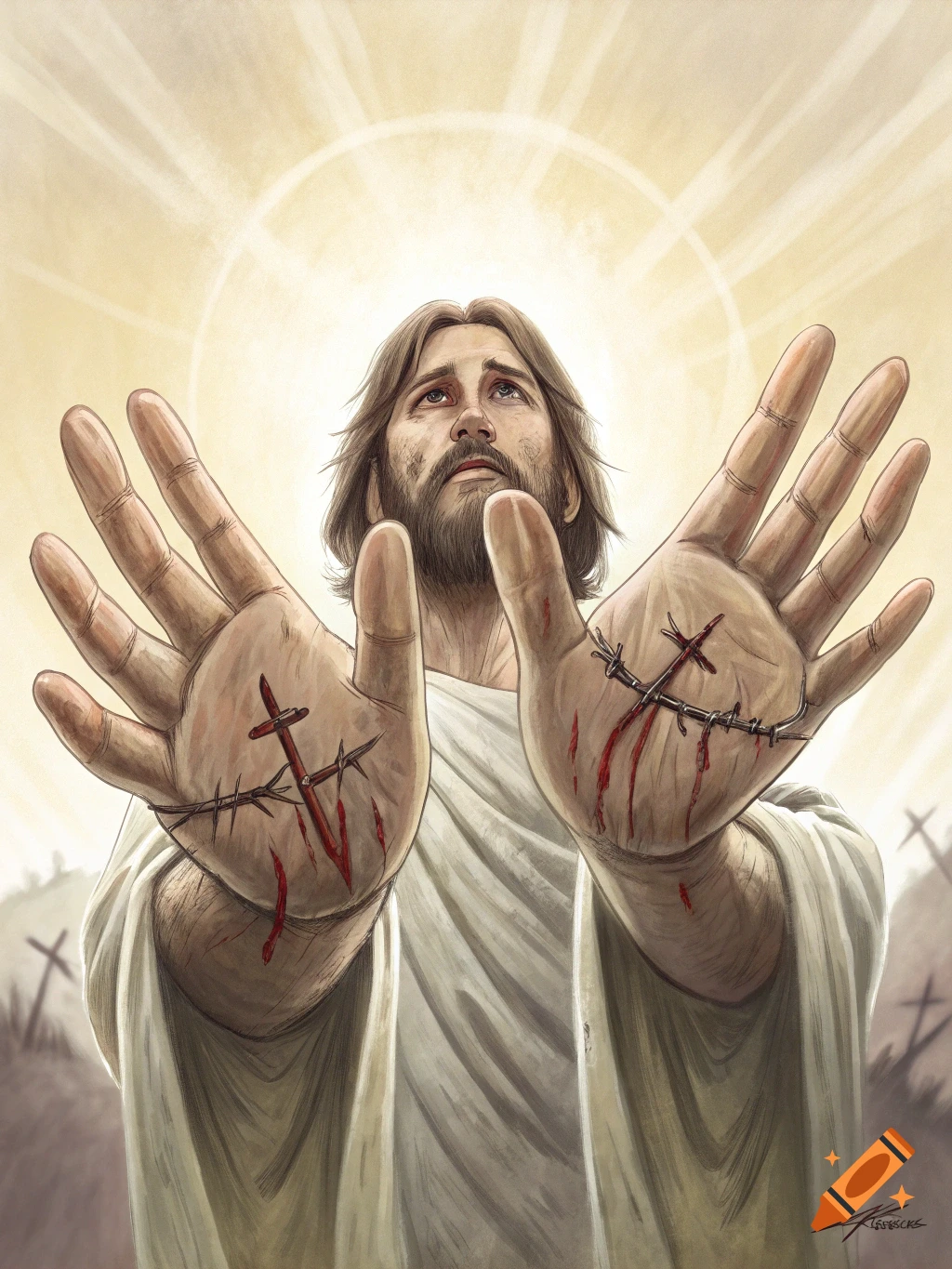 Illustration of Jesus extending hands showing crucifixion wounds