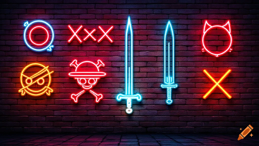 Colorful neon signs of anime symbols and swords illuminate a brick wall.