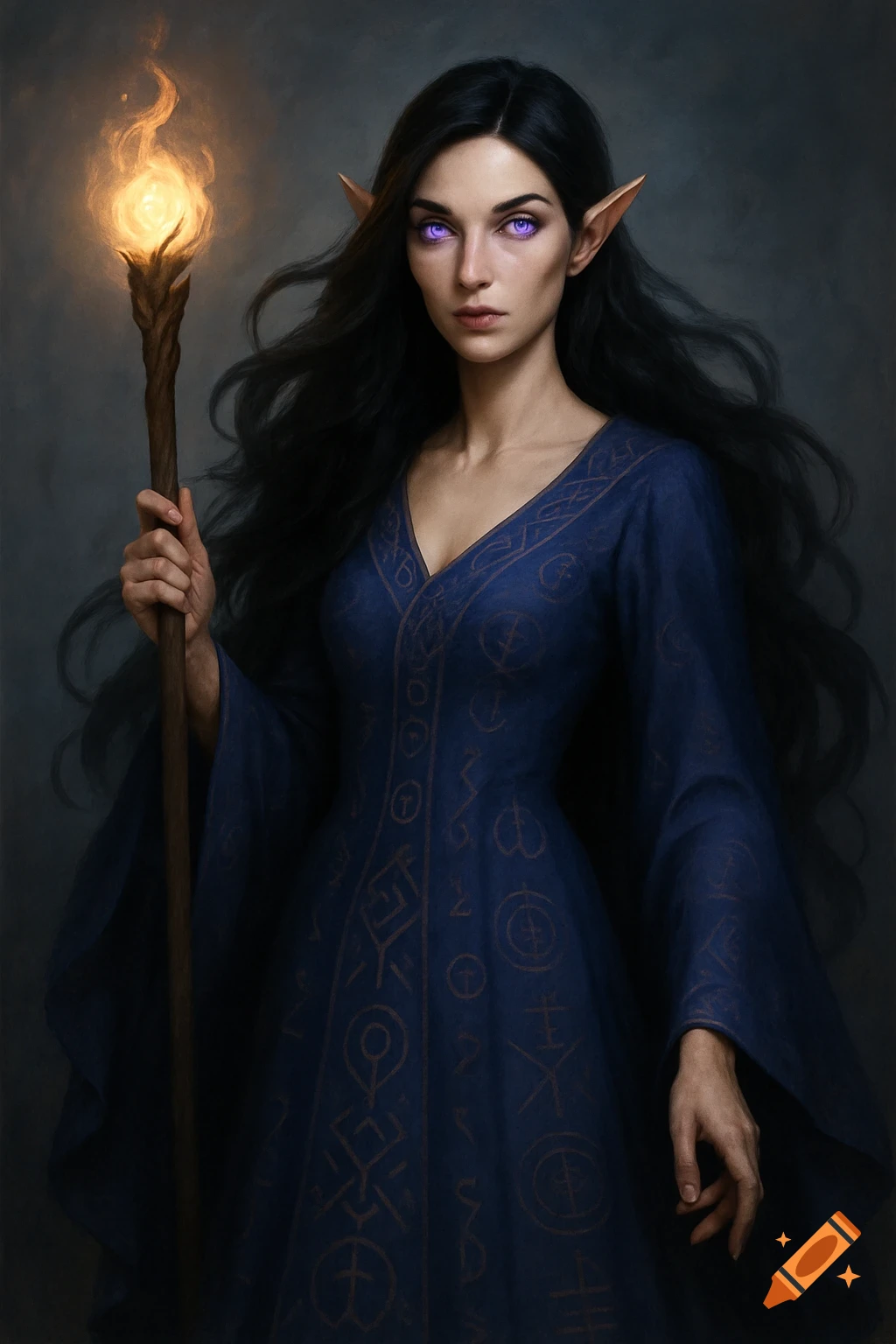 A woman with striking purple eyes and flowing black hair is depicted in a blue gown adorned with mystical symbols. She holds a staff that emits a soft, magical glow.
