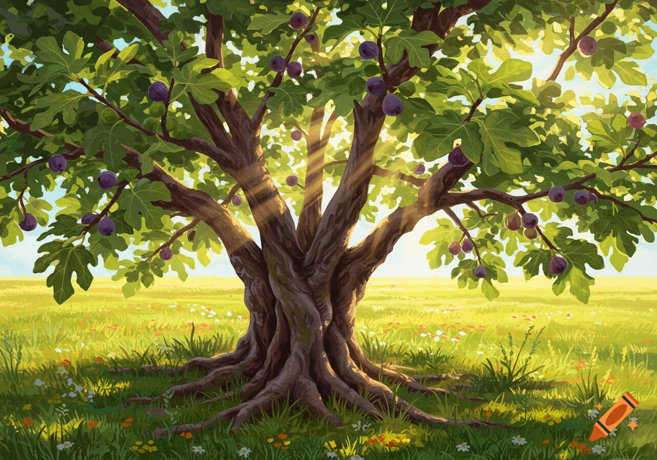A large fig tree bearing fruit in a sunny field.