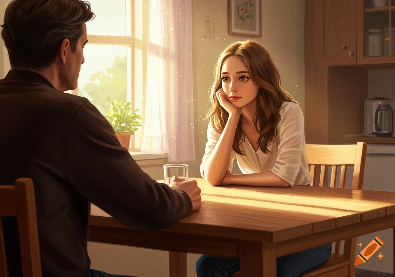 A young woman and father are talking at a sunlit kitchen table.
