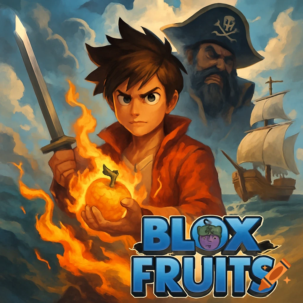 Stylized image of a boy with sword and fiery fruit, pirate ghost, ship, and Blox Fruits text.