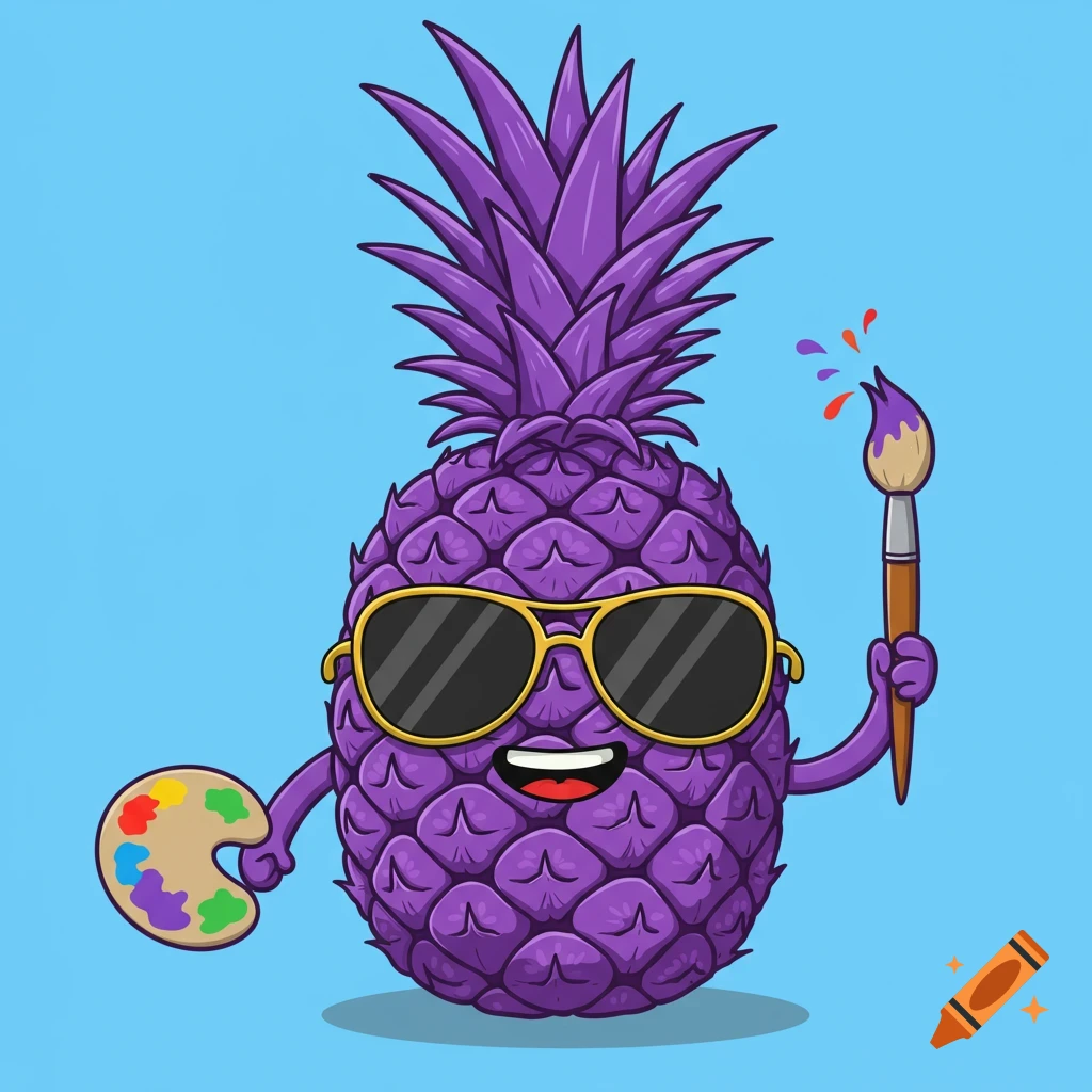 Cartoon purple pineapple with sunglasses, paint palette, and paintbrush