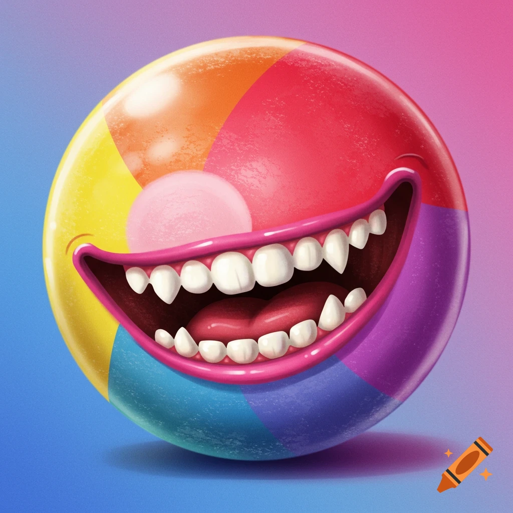 A colorful beach ball with a wide mouth is depicted.