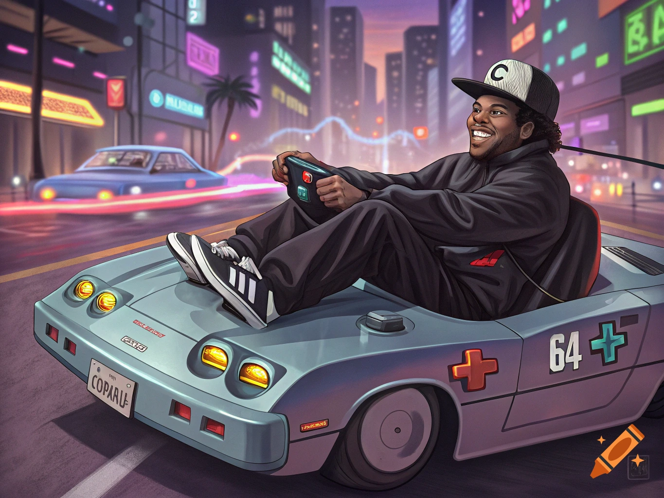 Illustration of a man resembling Eazy-E driving a Nintendo 64 console car through a city at night, holding a game controller.